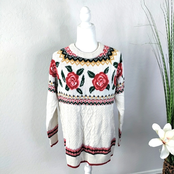 Mossimo Supply Co. Sweaters - Mossimo Sweater Red Rose Fair Isle Cable Knit Pullover Small Oversized